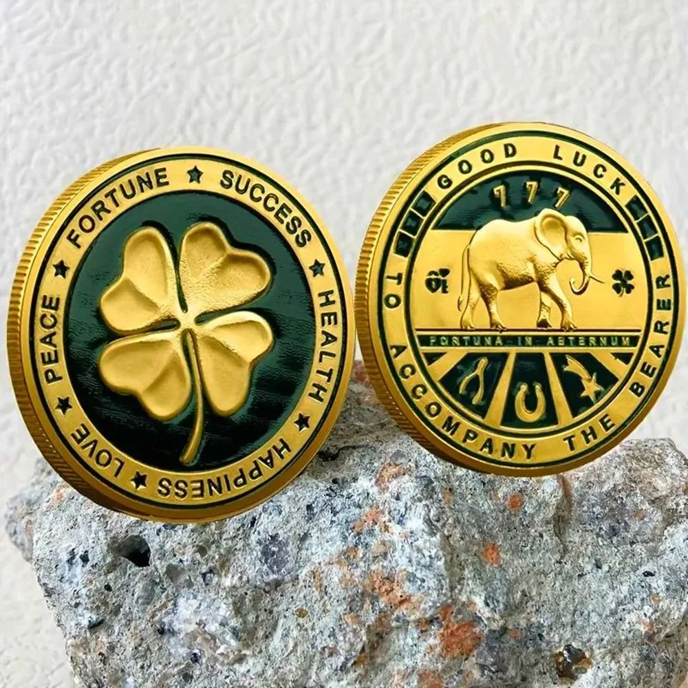 Hot sell Double Sided Lucky Coin – Four Leaf Clover & Elephant, Commemorative for Happiness, Success, Health & Peace