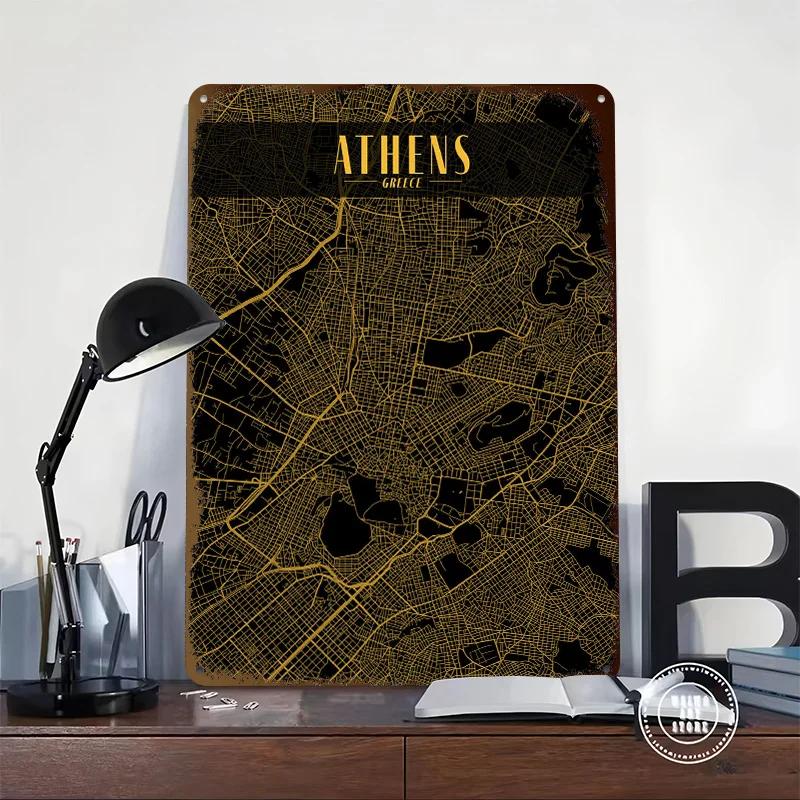 Athens Golden Map Tinplate Poster Custom Wall Art Vintage Metal Signs Retro Tin Plaque for Decoration Home Decor Items House