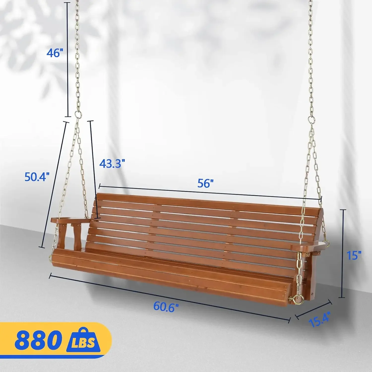 Patio Wooden Porch Swing for Courtyard & Garden, Heavy Duty 880 LBS Swing Chair Bench with Hanging Chains