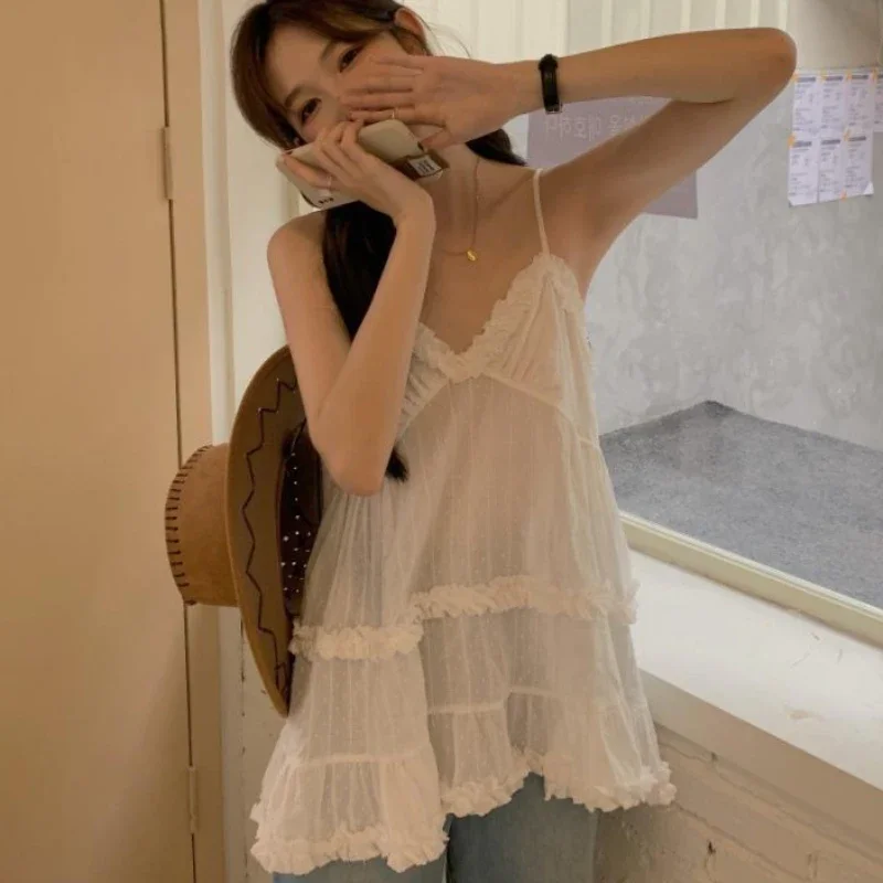 Camis Women Summer Solid Edible Tree Fungus Design V-neck Sweet Lovely Aesthetic Hot Girls Students All-match Korean Style Tops