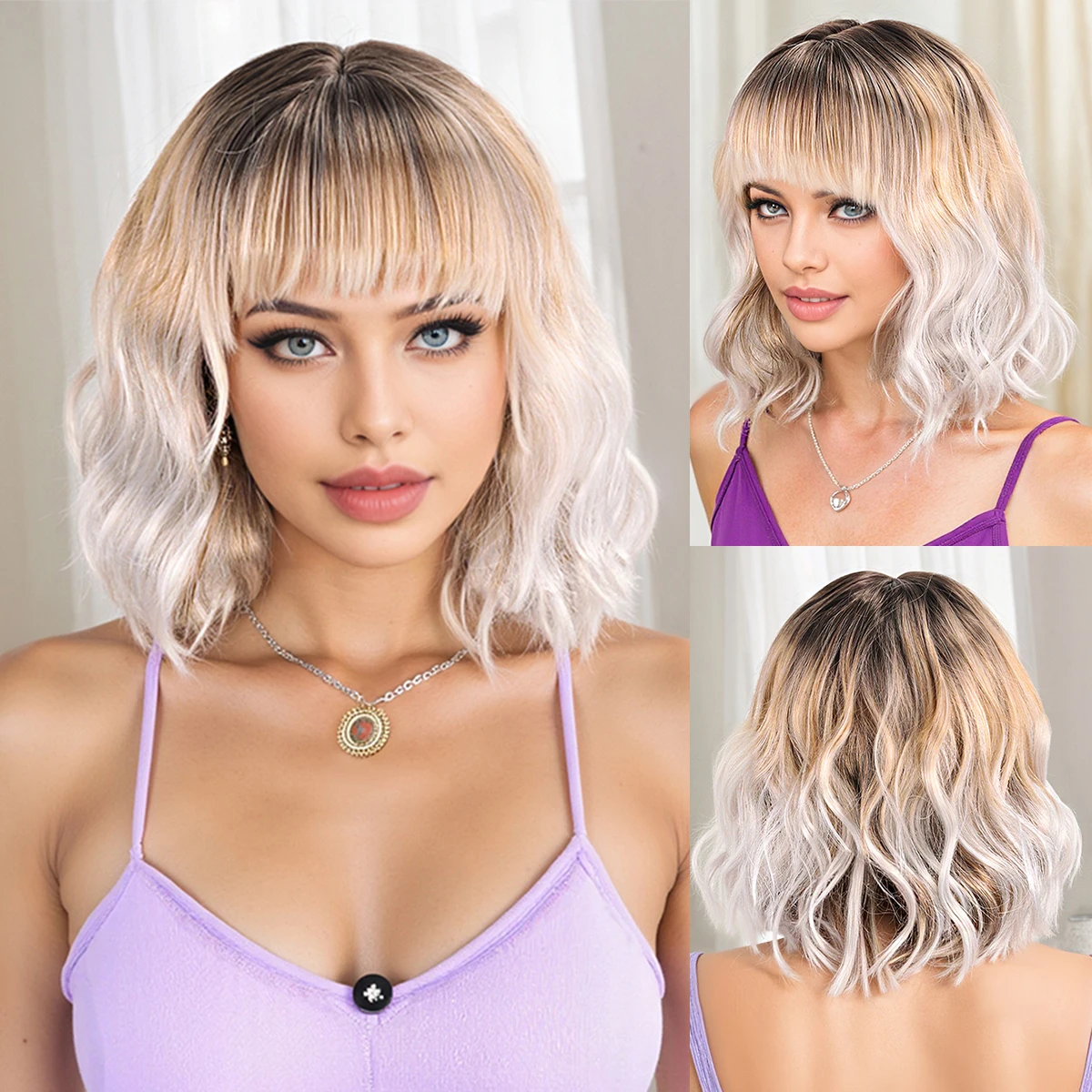 

Трансграничные европейские и американские короткие вьющиеся волосы, женские головные уборы, парик с прямой челкой, парик из синтетического волокна градиентного цвета