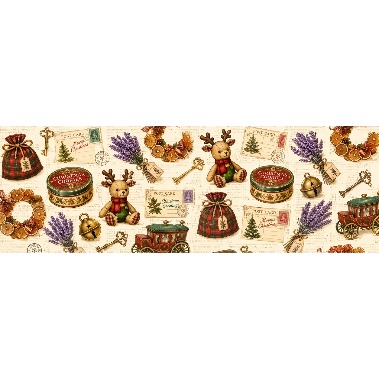 Table skirt 1 piece retro Christmas reindeer postcard bell lavender checked gift bag pattern