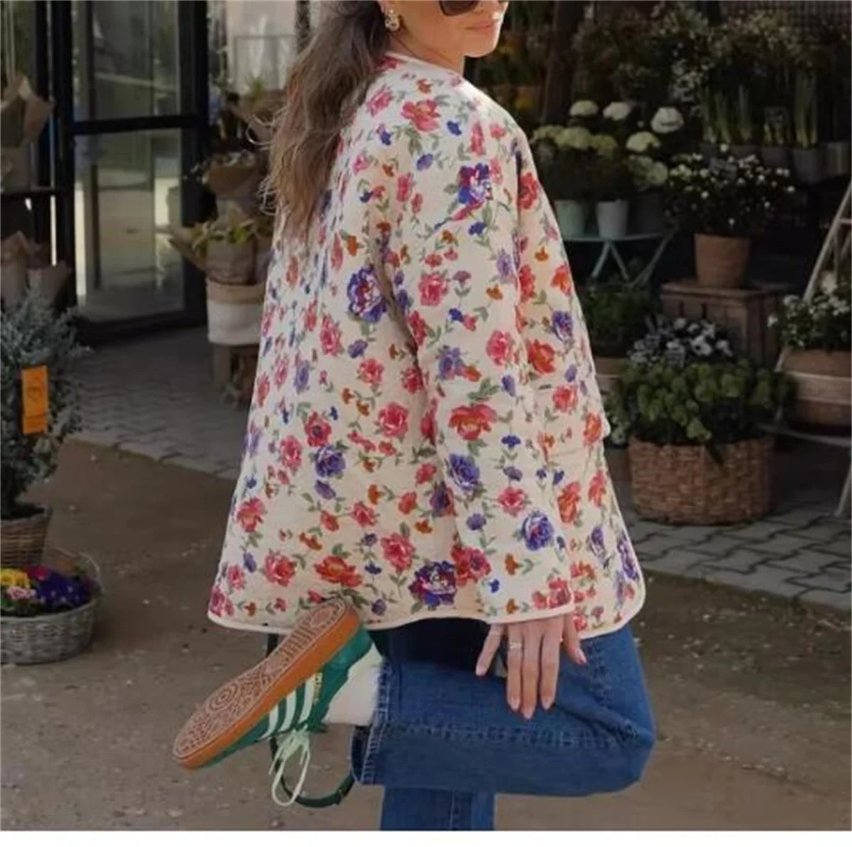 Women Fashion Floral Printed Jacket Autumn Winter Single Breasted Coat O Neck Long Sleeve Loose Jackets Lady High Street Outwear