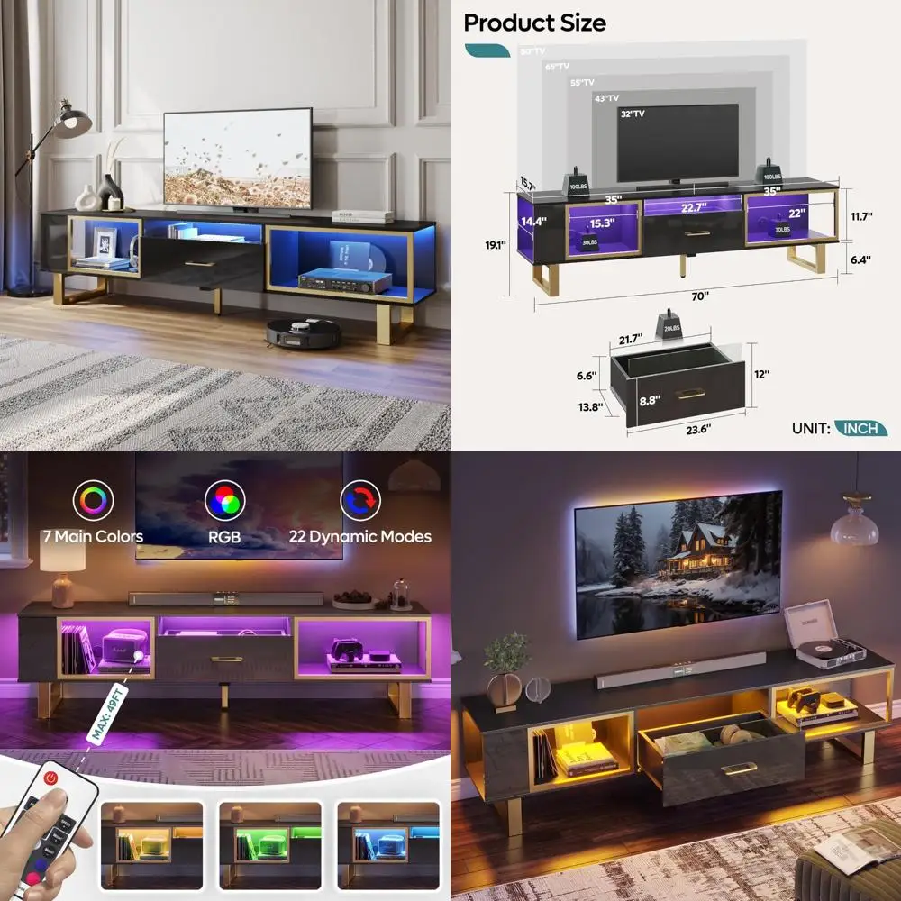 75-80 Inch LED TV Stand with Open Storage and Drawers, Modern High Gloss Entertainment Center for Gaming