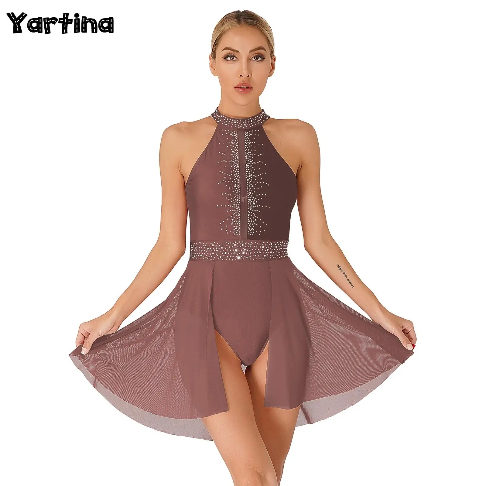 Vestido de Patinação Artística Feminina, Balé Ginástico, Trajes de Dança Lírica, Strass Brilhante, Valsa Tango, Calças Justas