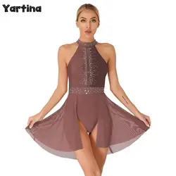 Womens Artistic Figure Skating Dress Rhythm Gymnastics Ballet Lyrical Dance Costumes Shiny Rhinestone Waltz Tango Ballet Tights