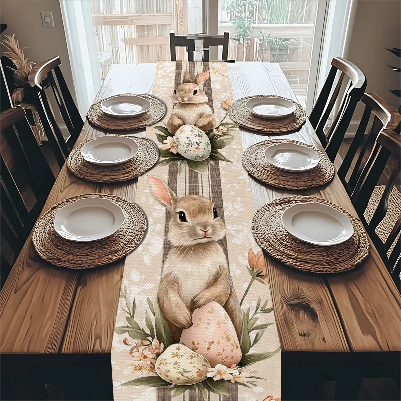 1pc Easter Spring Floral Bunny Linen Table Runner - 2D Printed, Soft Neutral Table Runner for Kitchen & Living Room Decor, Ideal