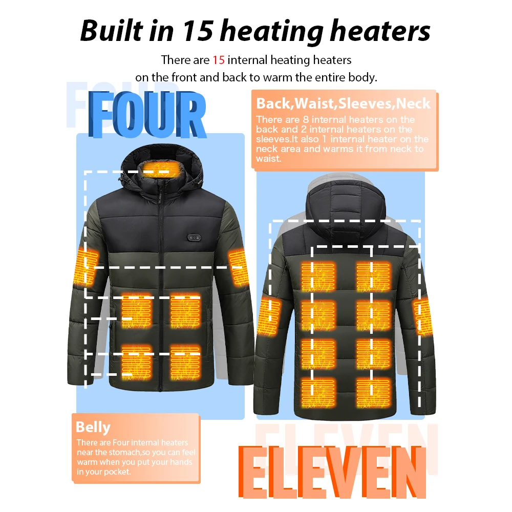15 Areas Heated Jacket Men USB Electric Heating Clothes Dual Control Three Gear Adjustment Winter Warm Hooded Waterproof Jackets