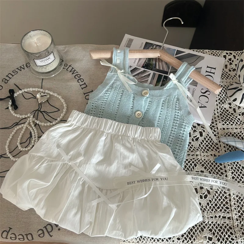 Fashionable Stylish Floral Bud Skirt Korean Version Two-piece Set 2026 New Summer Girls' Set Hollow Camisole Top Knitted Vest