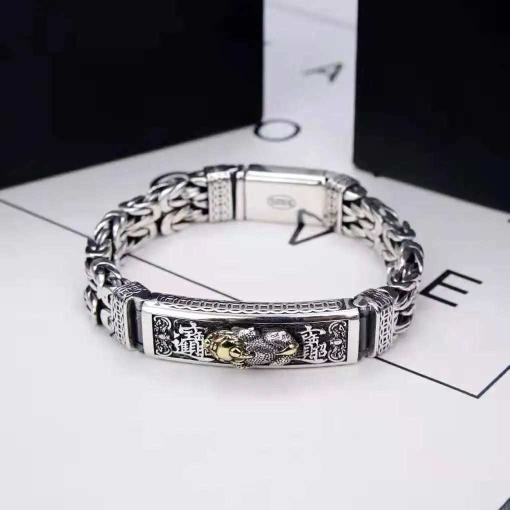 

Handmade Sterling Silver Peace Pattern Pixiu Bracelet for Men with Wide Face Personalized Thai Silver Retro Bracelet, Trendy Eth