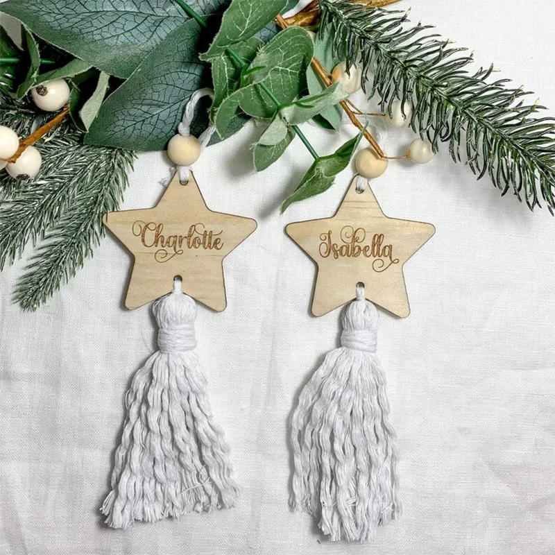 

4pcs Personalised Wooden Christmas Star Ornament 2024 merry Xmas Eve Tree Decoration Stocking gift Name Tag Table Place setting