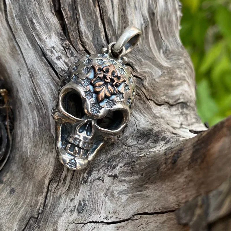 BOCAI New S925 Sterling Silver Diablo Retro Vintage Fine Carving Ghost Death Skull Pendant.