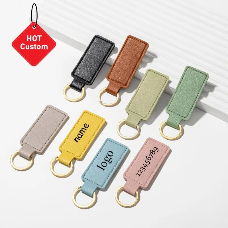 

Custom LOGO Keychain Square Blank PU Leather Laser Engrave Keyring Name Pendant Personalize Holder Company Hotel Key Chain Gift