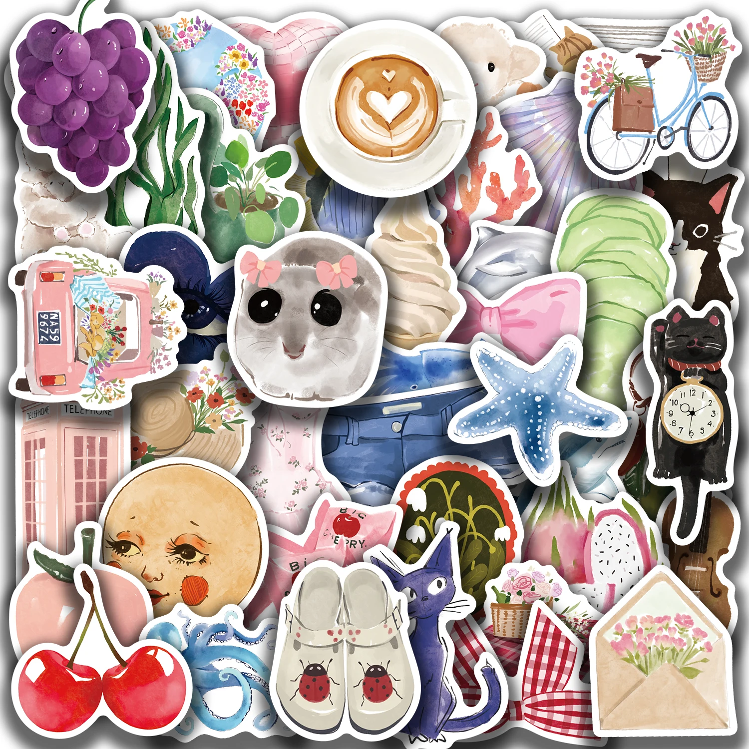 50pcs Watercolor Diary Cartoon Decals Graffiti Vinyl Waterproof Stickers Pack For Adults Decorated Suitcase Water Bottle