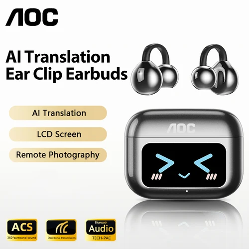 Imagen 1 del producto Auriculares con traducción AI AOC, auriculares con Clip para la oreja, OWS, Bluetooth, pantalla LCD inteligente, auriculares táctiles, auriculares deportivos inalámbricos para videojuegos 3521