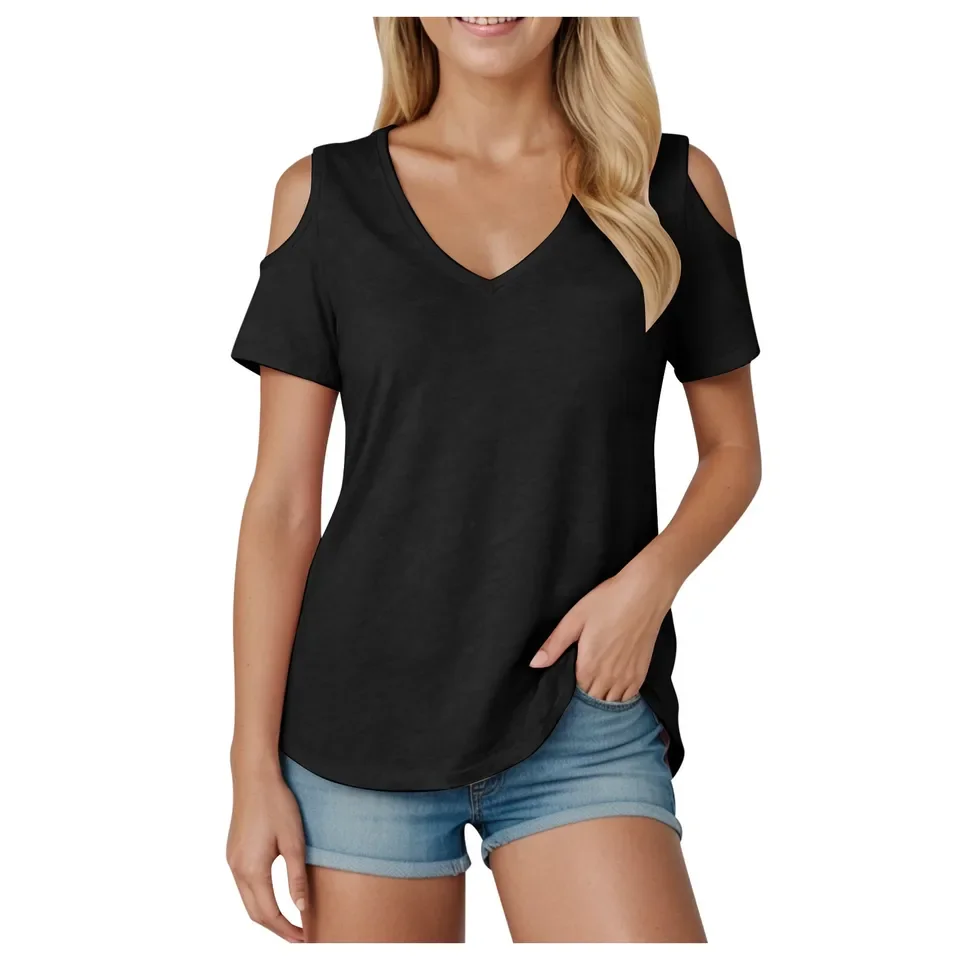 

European American Solid Fashion Shirt Cotton Linen Summer Short Sleeved Off Shoulder Outdoor Shirt Breathable Casual Women Shirt