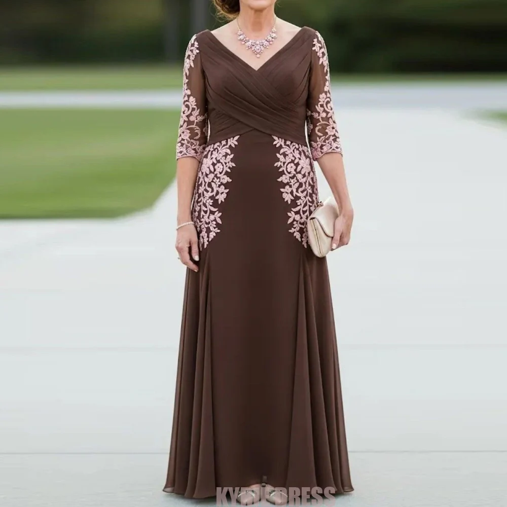 Customized Mother of The Bride Dress 3/4 Sleeves V Neck Lace Applique A Line Draped Chiffon Wedding Guest Gown Party Dresses