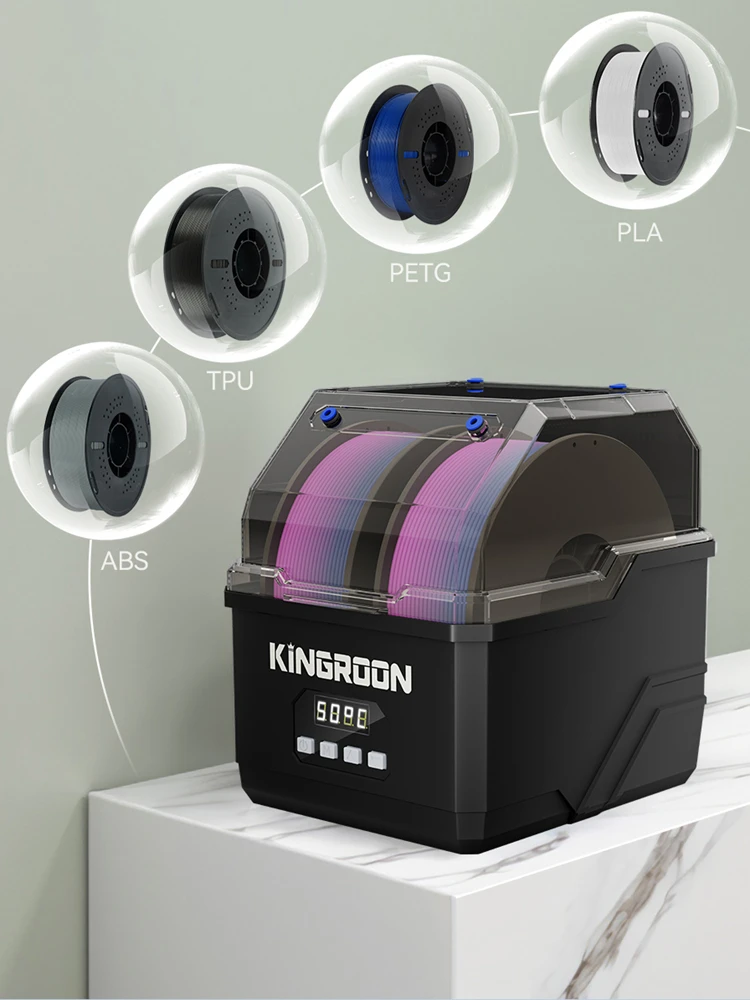 KINGROON 3D-Filament-Trocknerbox Upgrade 360°-Heißluft-Heizung 24 Stunden effizientes Trocknen für 2 kg PLA PETG TPU ABS, auch für 1 kg 250 g
