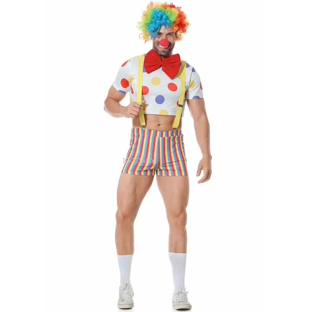 Traje engraçado do palhaço do circo às bolinhas para homens, trajes cosplay masculinos, carnaval, halloween, festa, piada, feriado, roupas de performance de palco