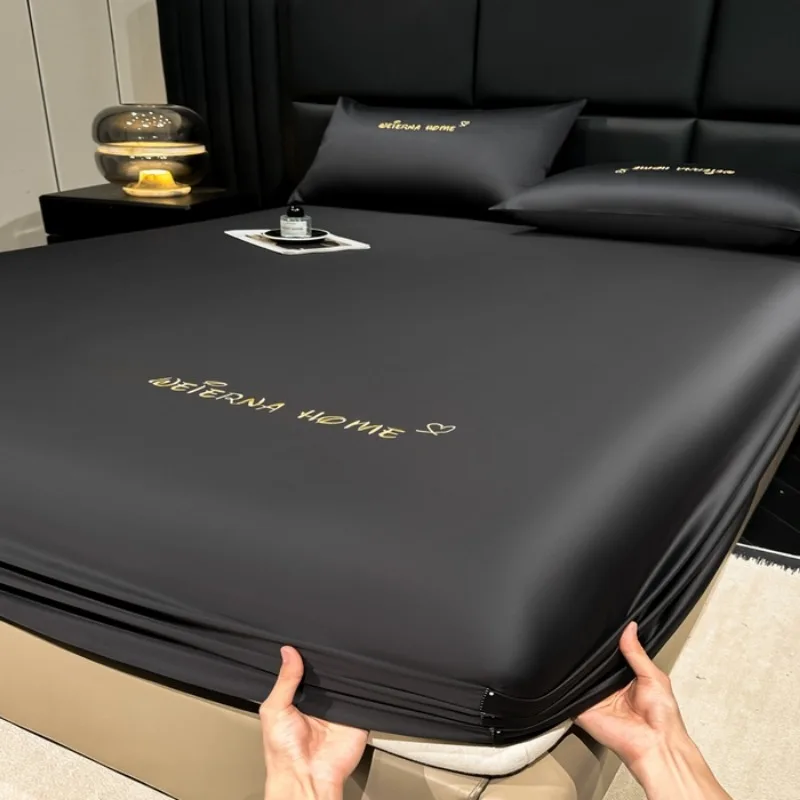 Summer solid color ice silk fitted sheet three-piece set, sleeping naked non-slip all-inclusive mattress protective cover