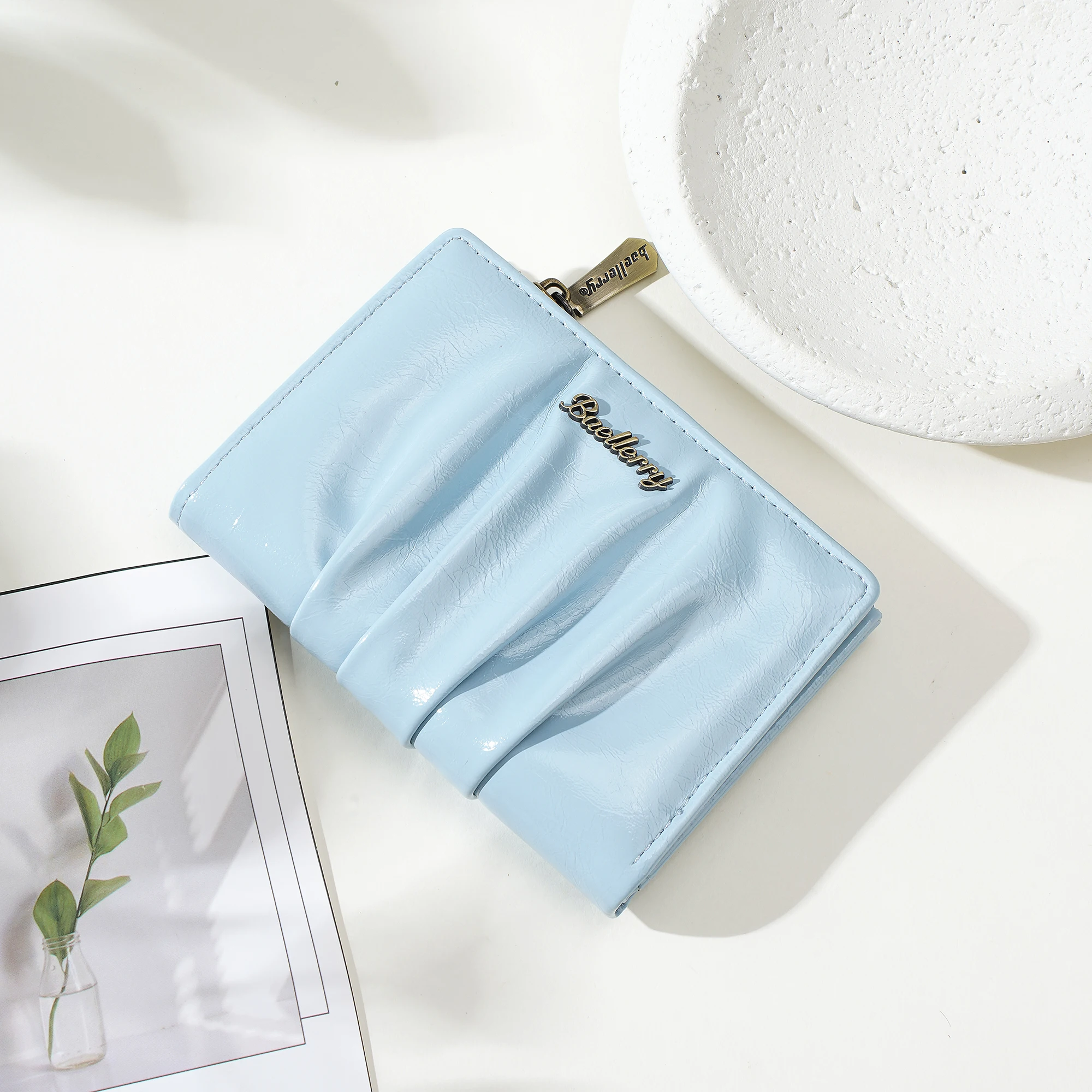 1 Stück Retro Plissierte Glänzende Öl-Wachs-PU Damen-Kurzgeldbörse, Doppelt Faltbare Schnappgeldbörse, Reißverschluss-Münzfach + Ausweisfenster, Geeignet für Outdoor-Dates, Geschenk für Frauen – Detail 26