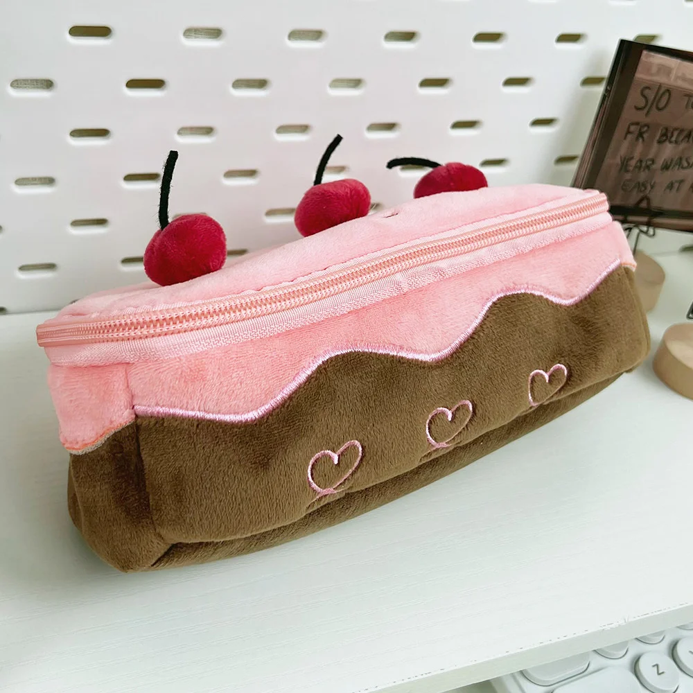 

Creative Dacron Cute Plush Pen Bag Cherry Cake Shape Stationery Bag Exquisite Storage Bag