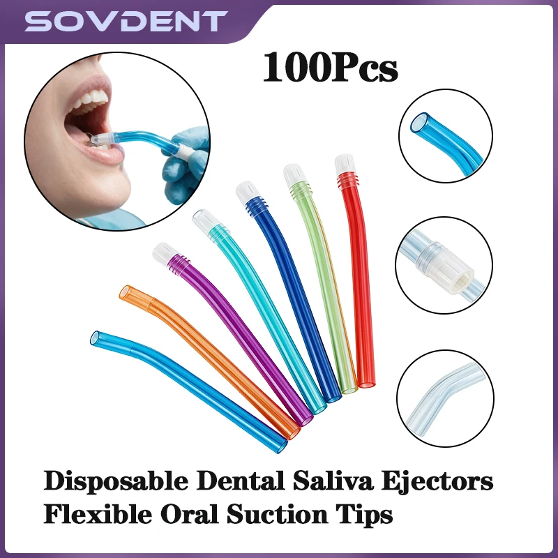 100Pcs Dental Saliva Ejector Disposable Suction Tip Flexible Evacuation Pipe Clear Tip With Colorful Tube for Dental Clinics