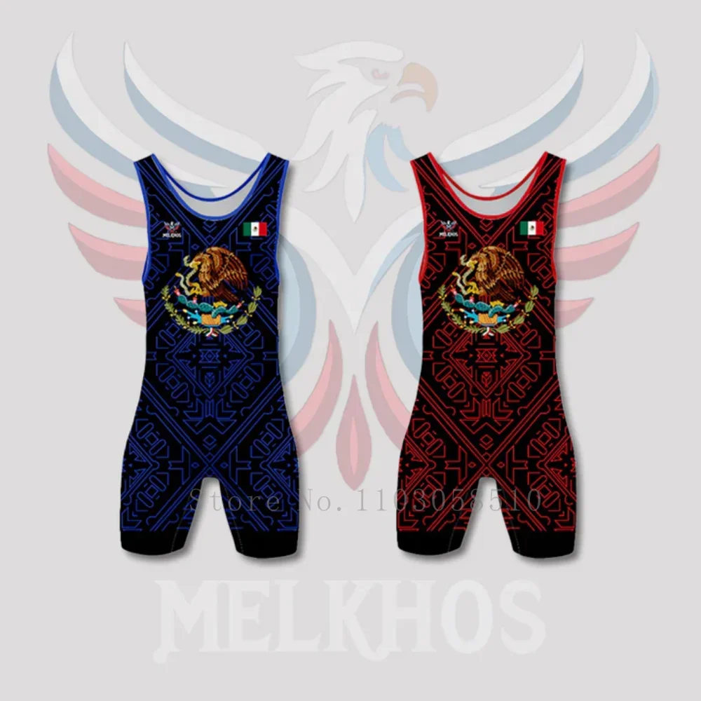 MELKHOS Mexico Black Singlet Team Singlet professional-grade competition suit Wrestlers tournaments Bodybuilding wrestling suit