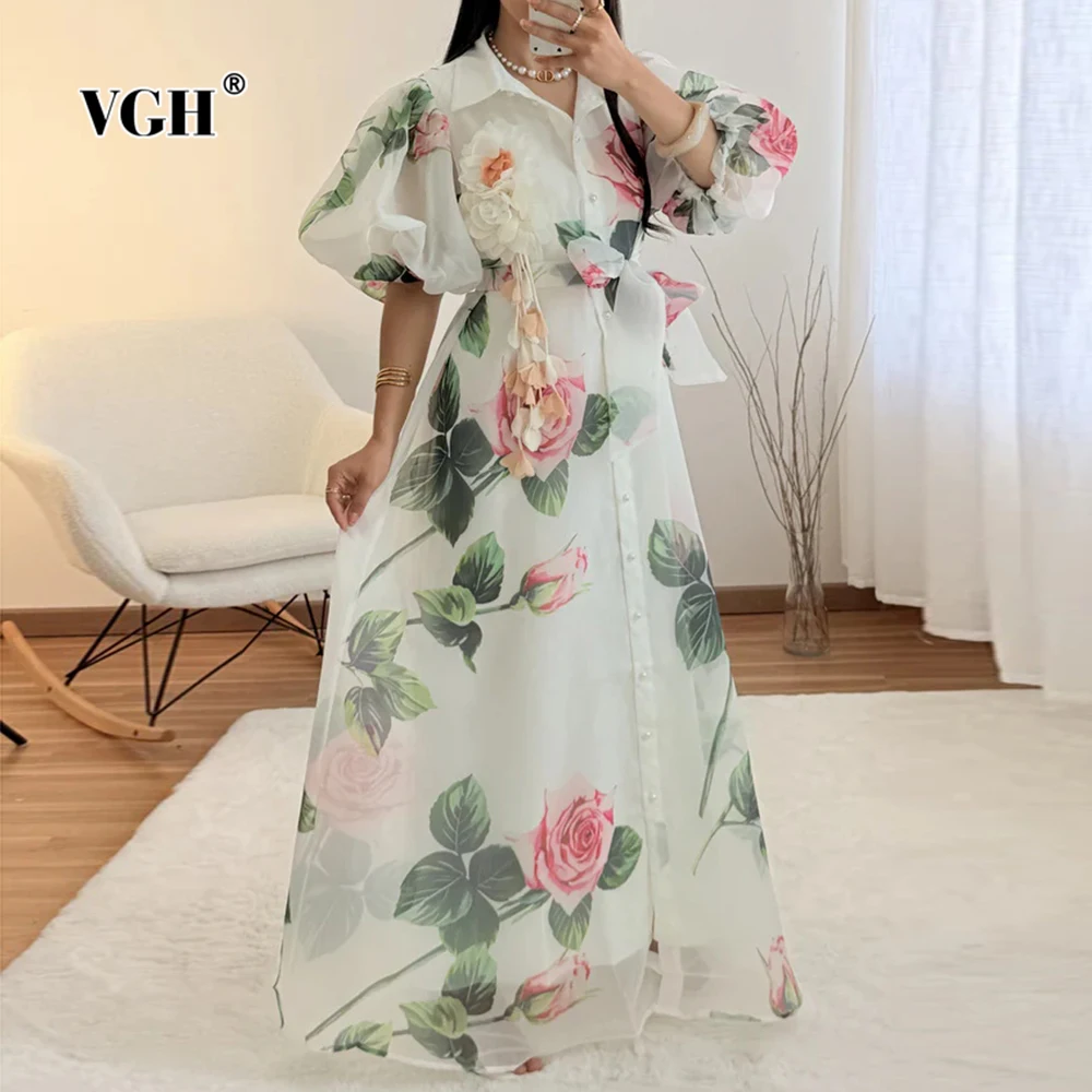 

VGH Slimming Printing Spliced Lace Up Elegant Dresses For Women Lapel Puff Sleeve High Waist Temperament Dress Female Fashion