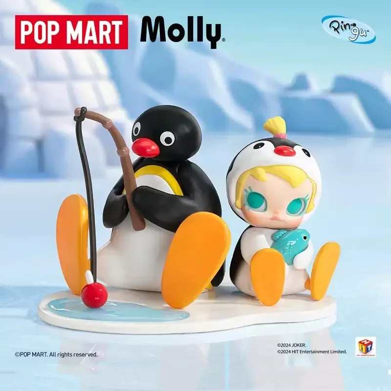 POPMART Baby Molly X Pingu Fishing Time Hanging Card Pendant Original Toys Doll Anime Figure Desktop Ornaments Collection  Gift