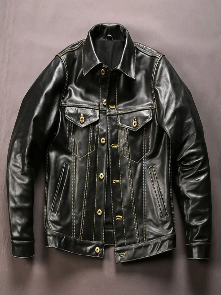 

YR!Free shipping.sales.Men Classic popular 557 style.fashion slim casual genuine leather jacket.black horsehide coat.가죽 재킷