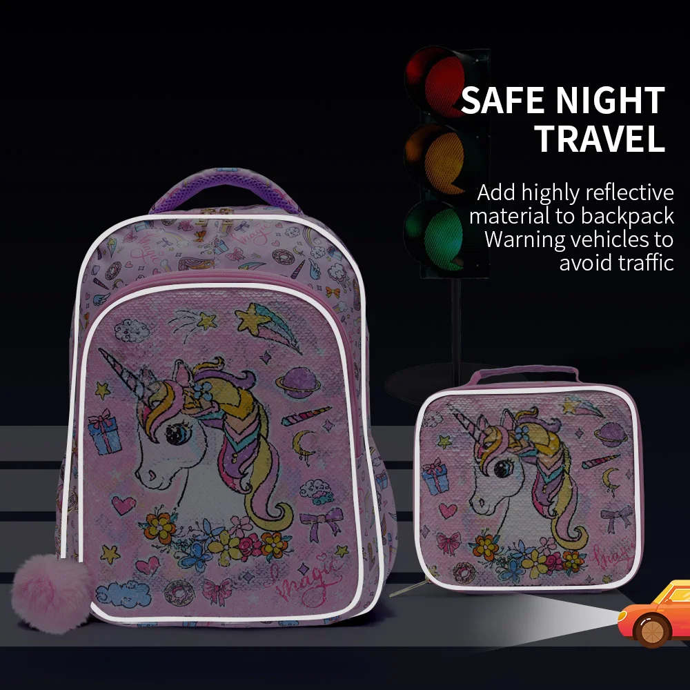 3PCS set Backpack For Girls Kids School BookBag With Lunch And Pen Bag Pink Unicorn Cute sequin Glow-in-the-dark Function