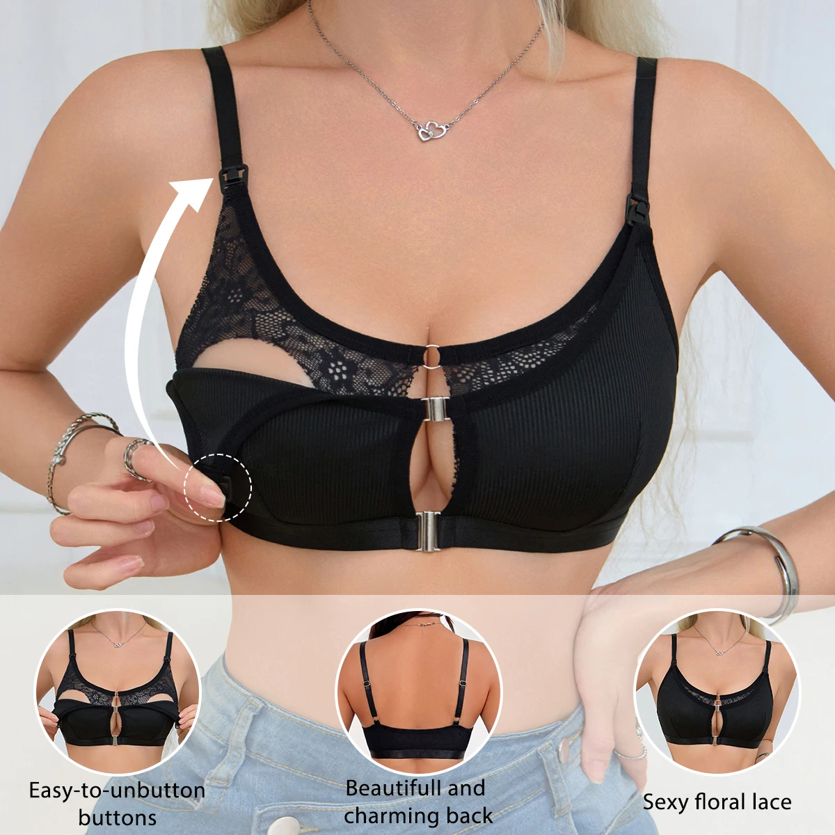 Black Comfortable Front Clasp Nursing Bra Lace & Ribbed Hands-Free Pumping Bra Adjustable Maternity Breastfeeding Bra for Moms