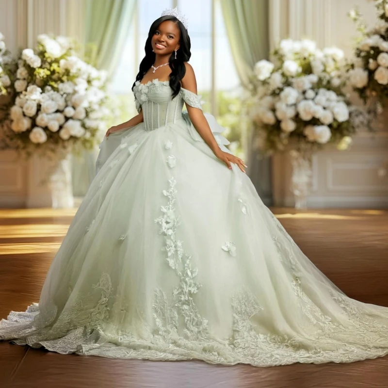 

Green Shiny Quinceanera Dresses Off The Shoulder Applique Beading Crystal Bow Tull Party Birthday Sweet 16 Dress Vestidos 15 De