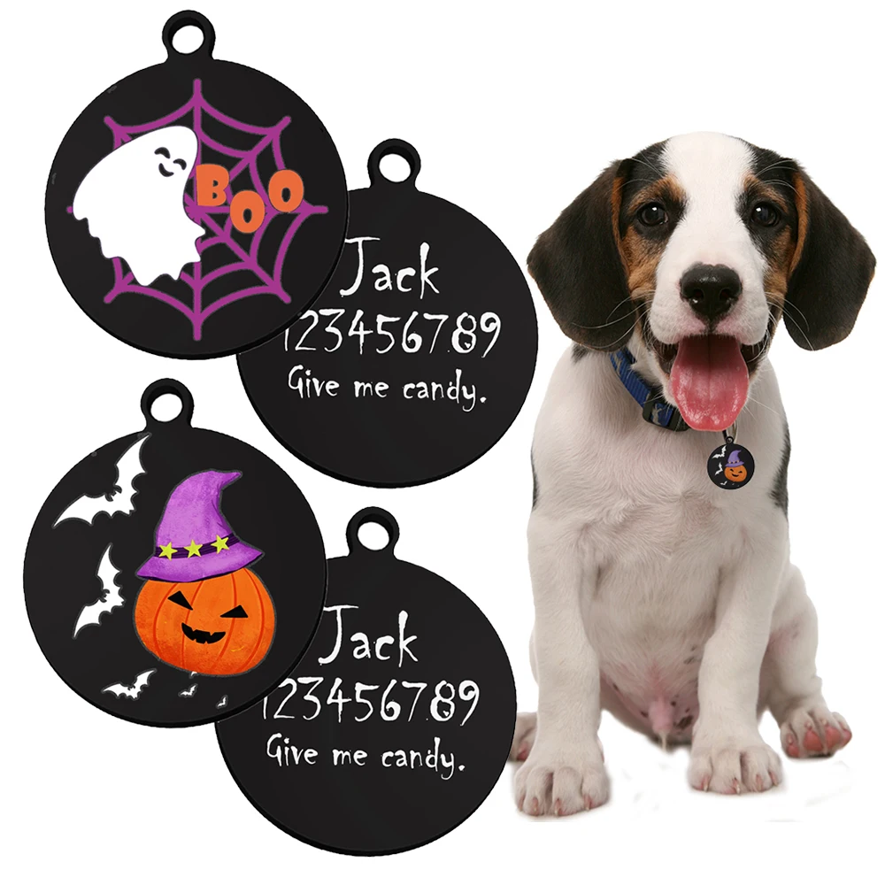 Etiquetas negras personalizadas con nombre de mascota, personalización de Halloween, etiquetas para perros y gatos, accesorios para Collar de gato, etiqueta para perro de identificación de mascota, collares, etiqueta de acero