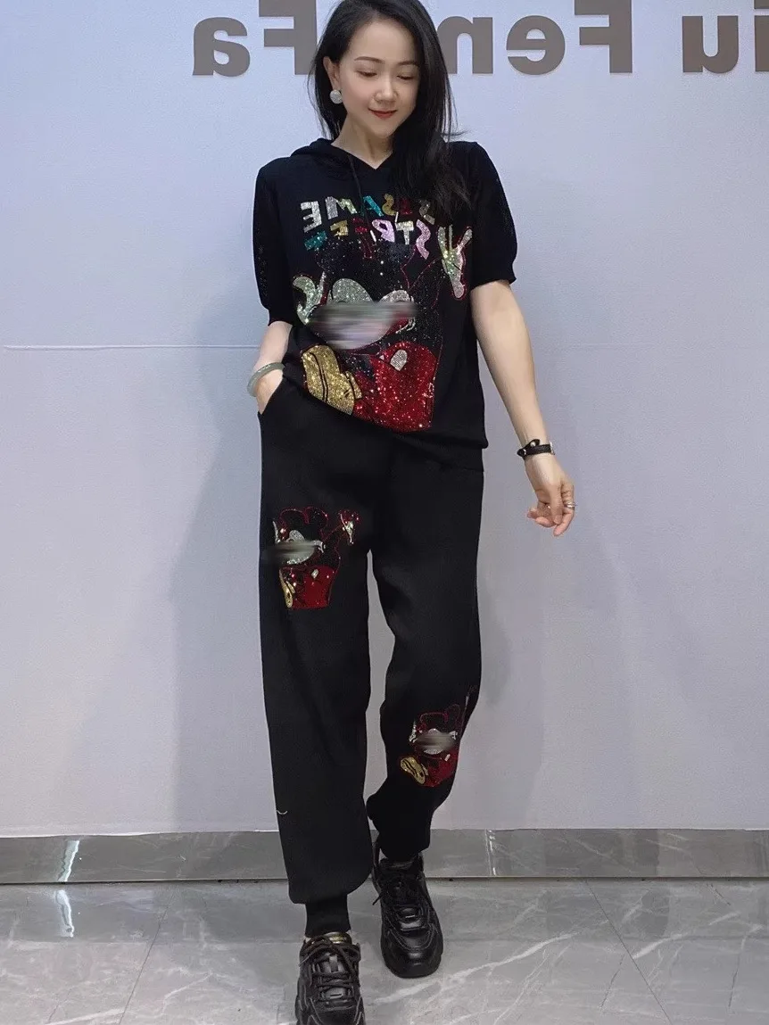 

Модный женский комплект из двух предметов: вязаный костюм с ромбовидным узором, свободный крой, короткий рукав, повседневный наряд, весна-лето, хлопковая ткань