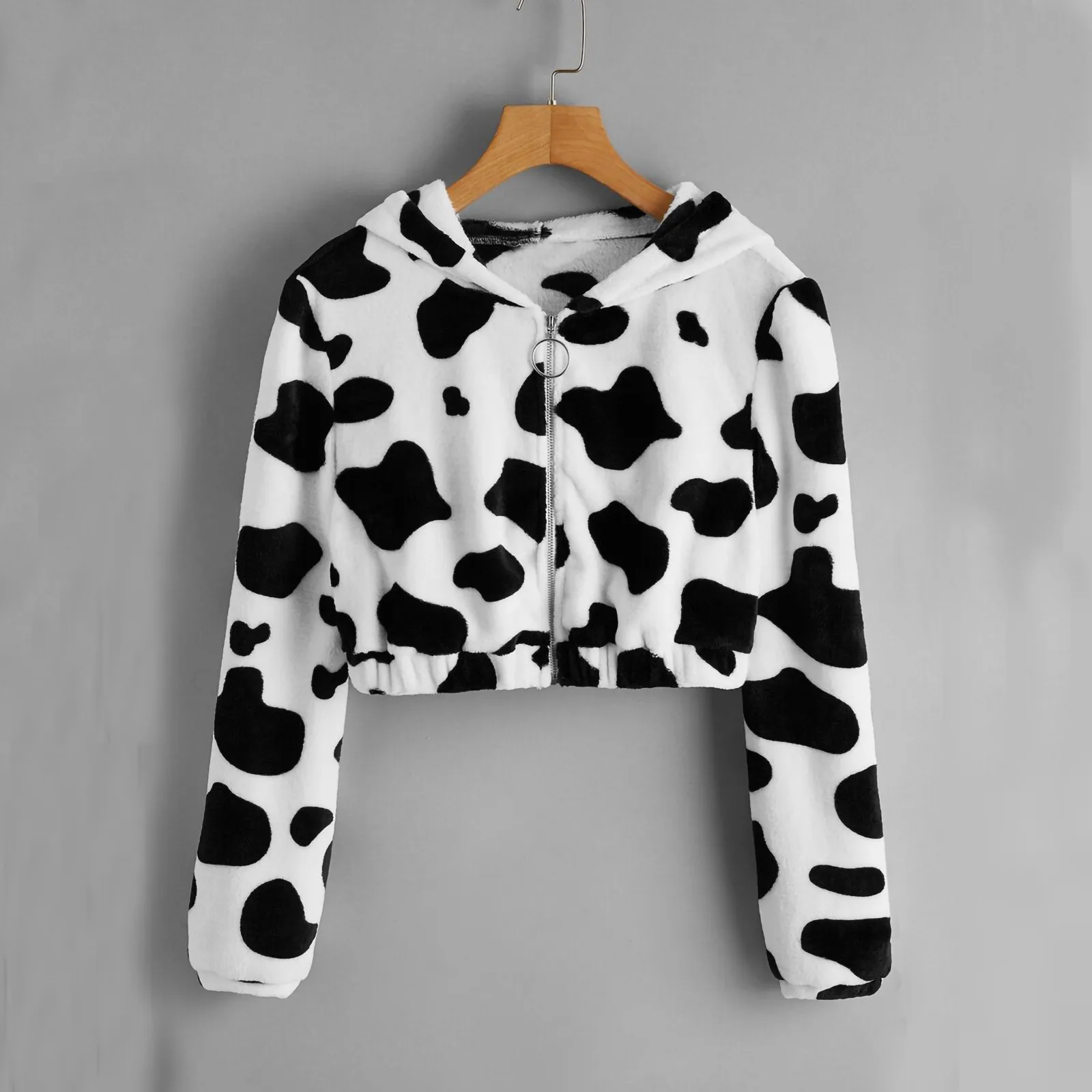 Cute Y2k Crop Top Women\'S Hoodies Korean Zipper Jacket Harajuku Long Sleeve Milk Printe Sweatshirt Blouse Cow Pullover T-Shirts