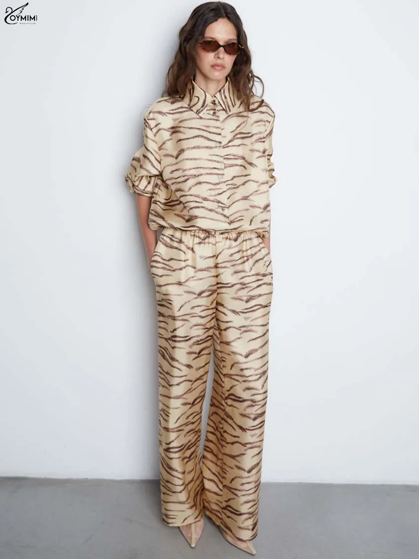 

Oymimi Casual Leopard Print Two Piece Set Woman Autumn Lapel Long Sleeve Single Breasted Shirts And Pockets Straight Pants Sets