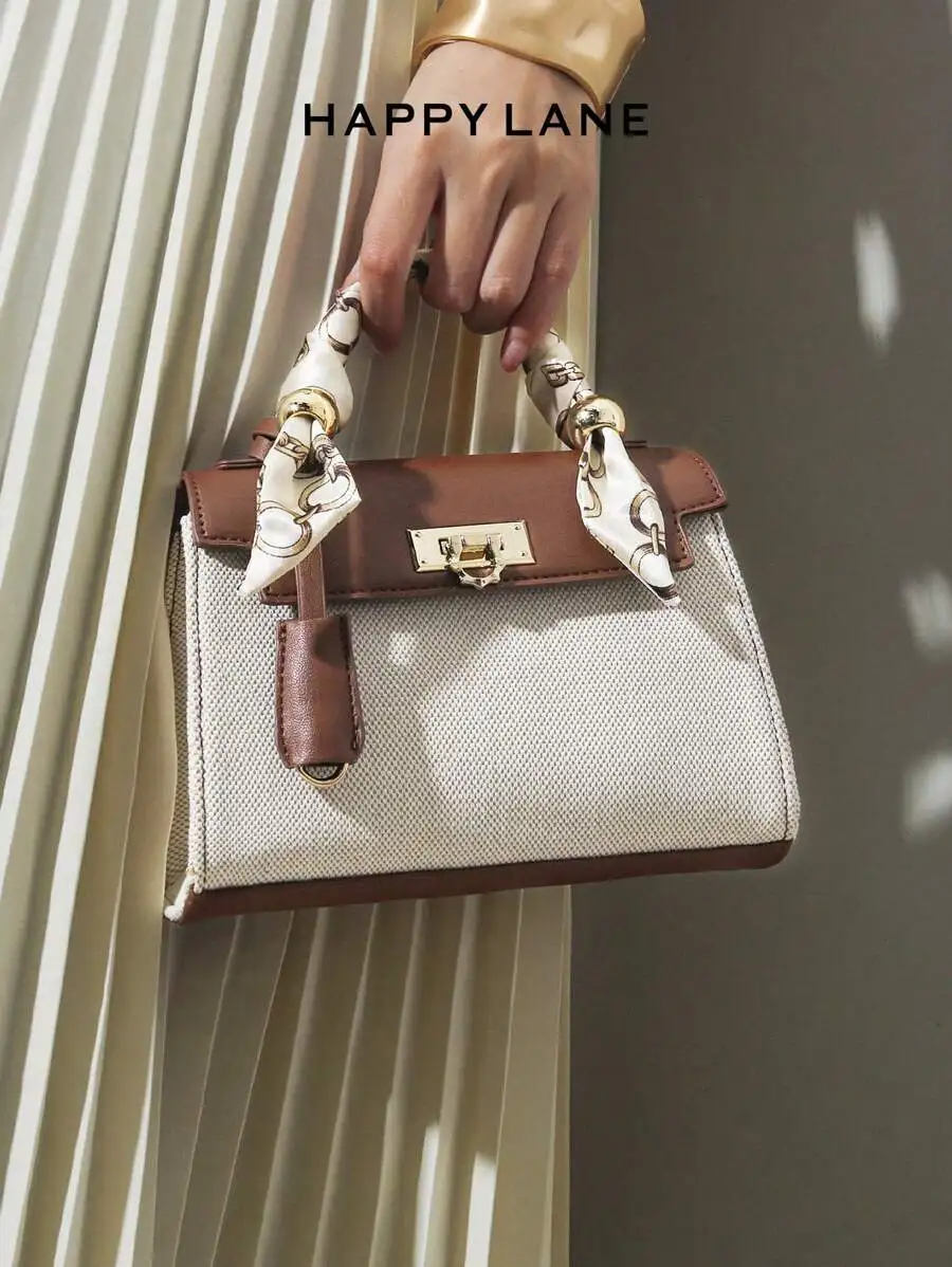 

Cream & Brown Patchwork Top-Handle Bag with Silk Scarf Detail, Lightweight Crossbody for Casual or Office