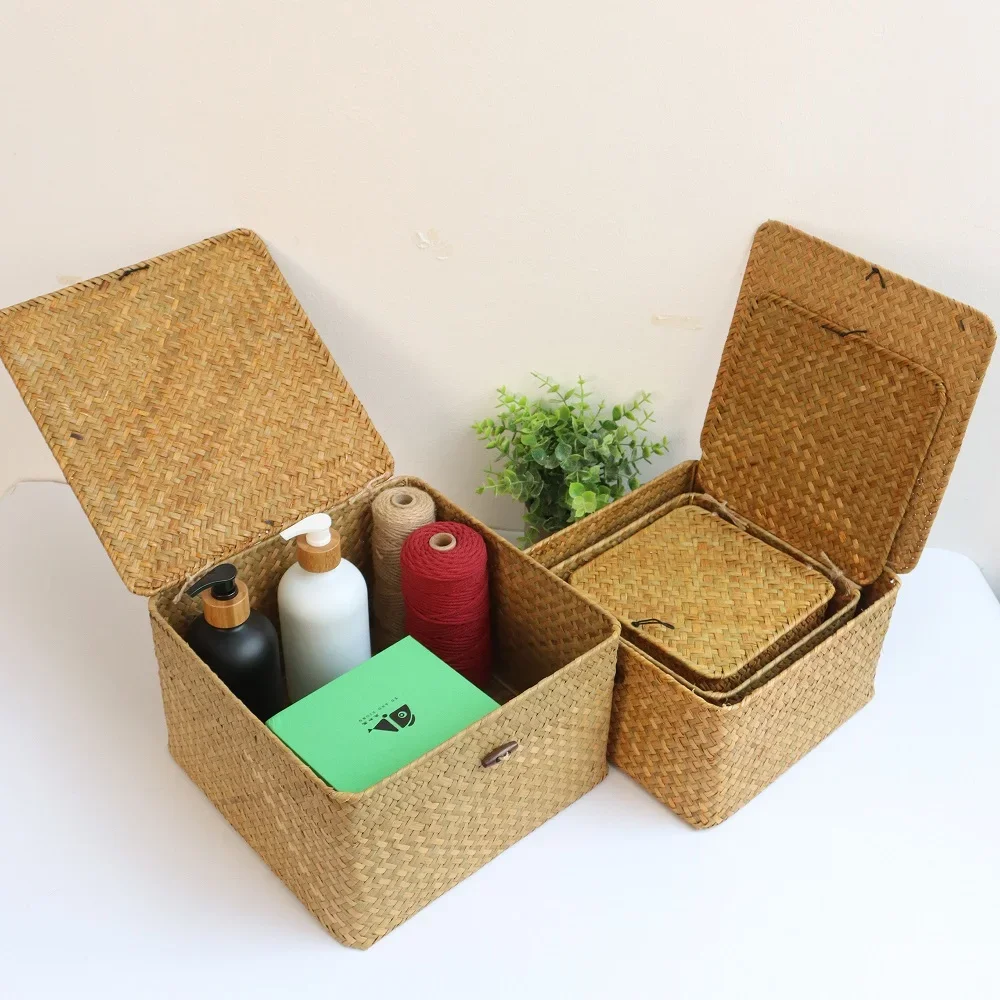 

Handmade 4Pcs Set storage basket with lid rectangular seaweed rattan fabric cosmetics multi-purpose container natural box