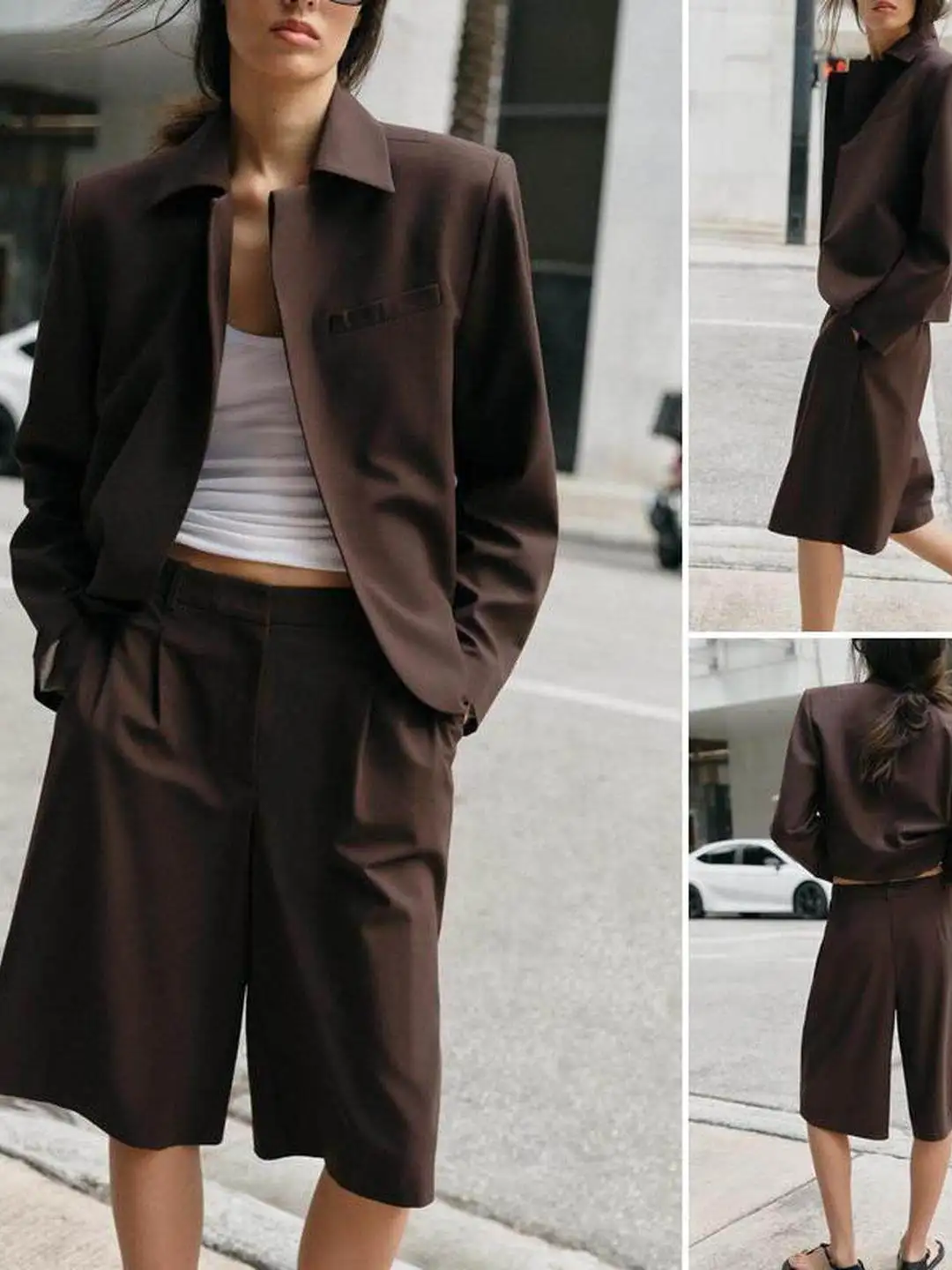 Spring New Style Double Row Button Plain Collar Suit Jacket with Pleated Shorts for Women Long Sleeve Office Wear Pure Color