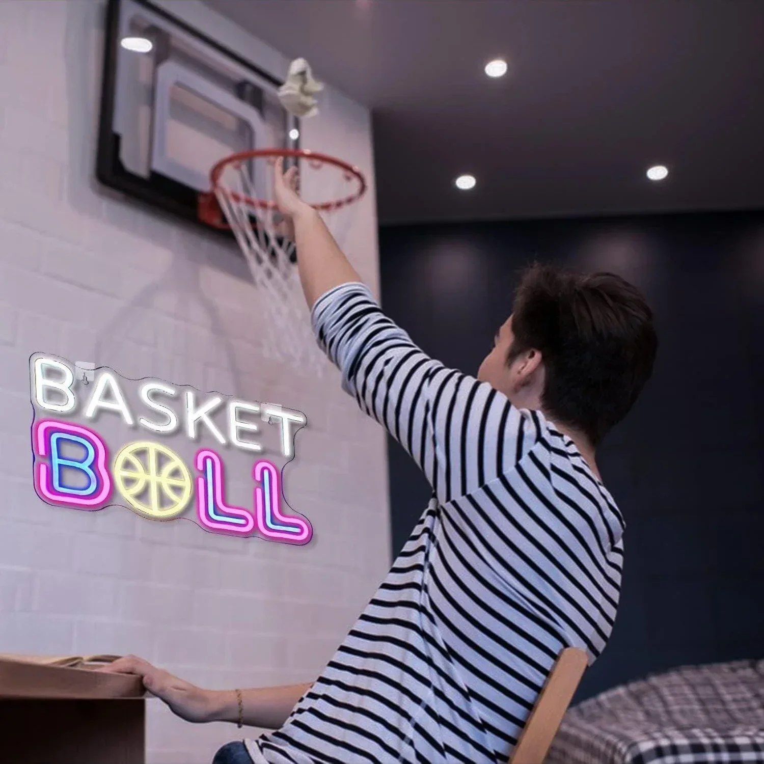 Basketball Neon Sign Colorful LED Wall Art Sport Ball Glow USB Powered Dimmable Acrylic Lamp Game Room Bar Boys Bedroom Decor