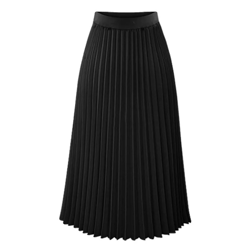 Women Chiffon Pleated Elastic High Waist Slim Fit Loose Midi Skirt