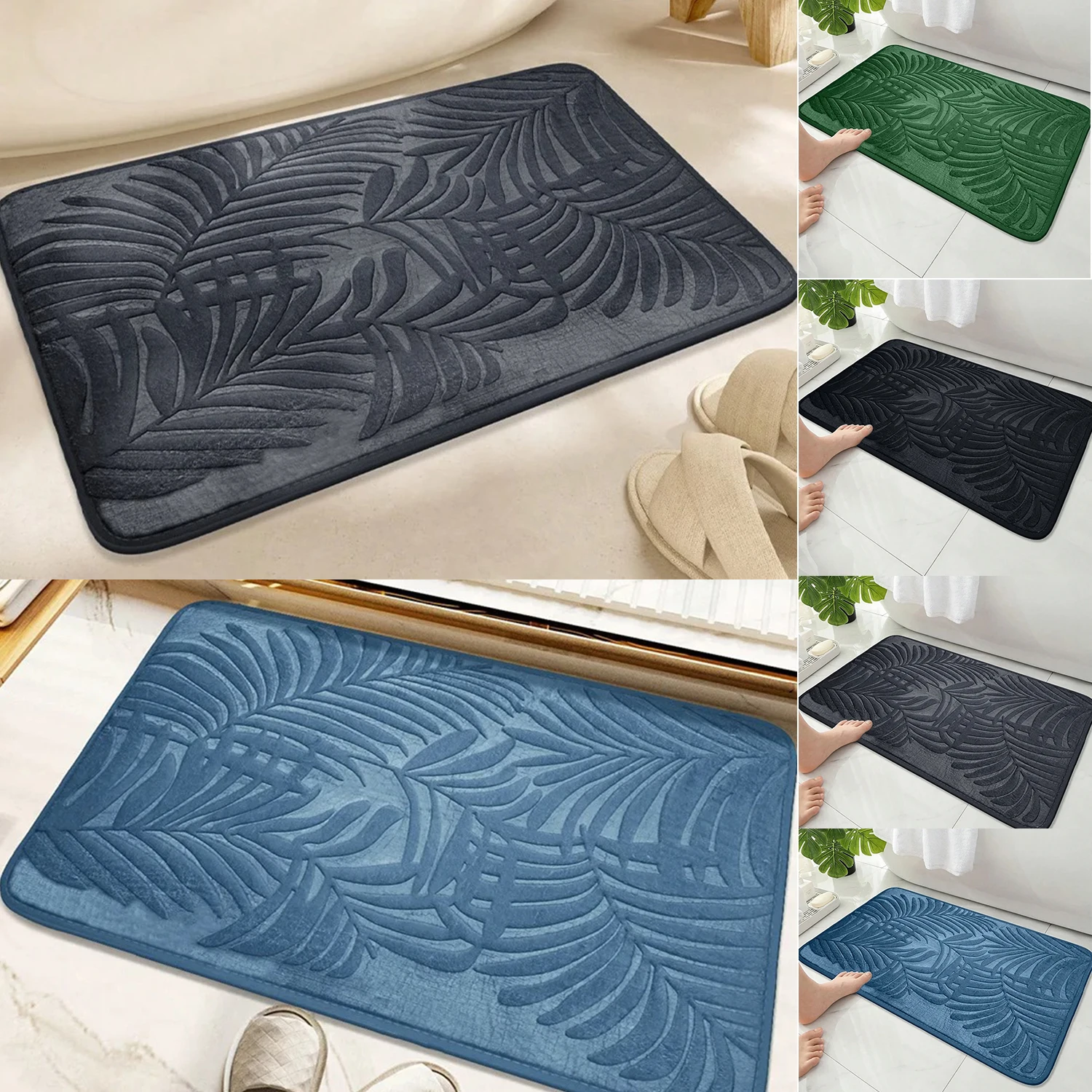 Leaves Bath Mat, Absorbent Memory Foam, Embossed Velvet Carpet, Bathroom Toilet Non-Slip Mat, Quick Dry Bathtub Floor Mat