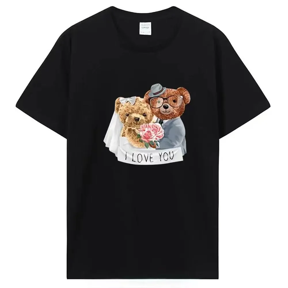 Printed bear fashion casual men\'s summer 100% cotton T-shirt short sleeve top loose crew neck bottom shirt fashion casual solid