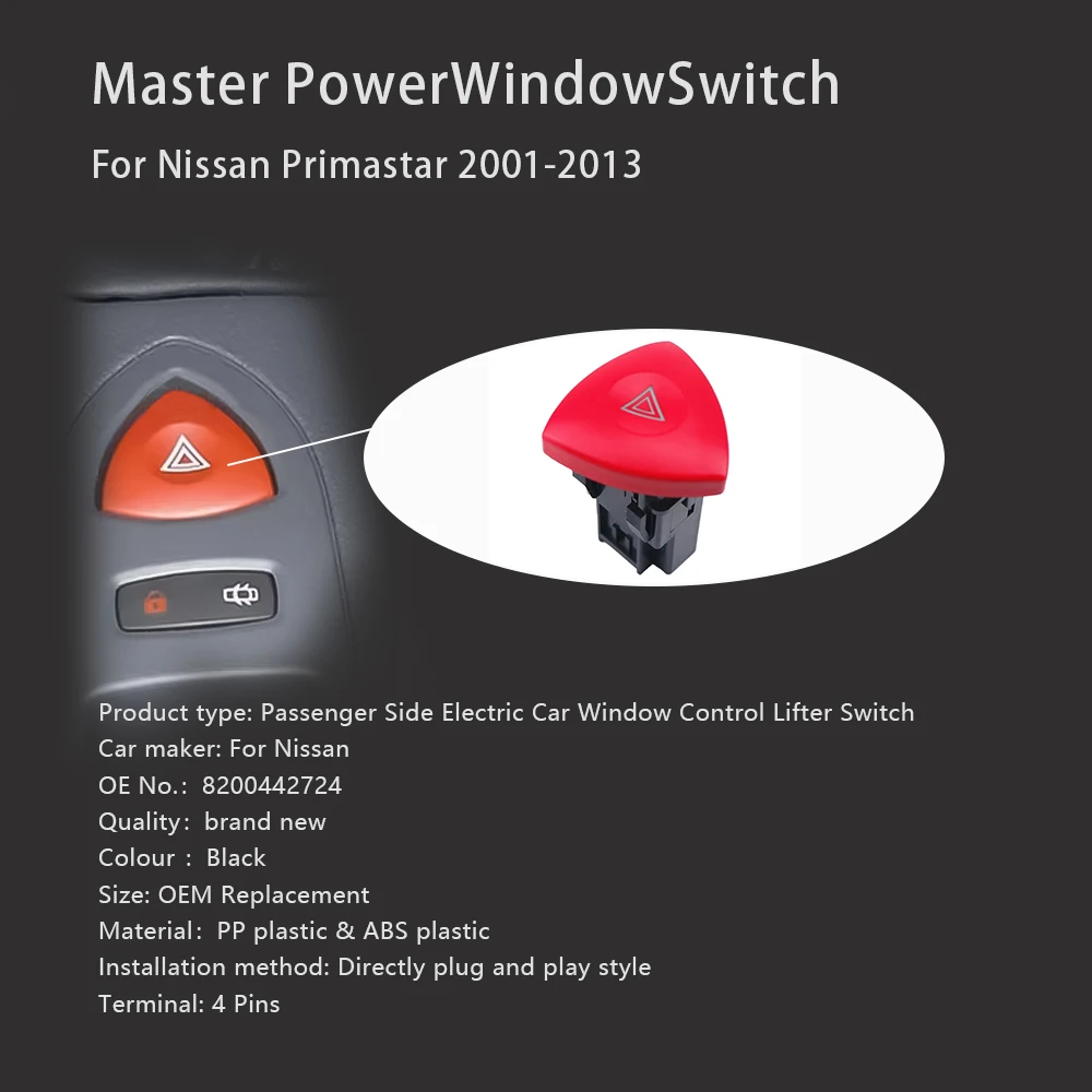 8200442724 93856337 HAZARD WARNING FLASHER LAMP SWITCH Button FOR OPEL Renault Trafic Espace Laguna /Vauxhall/Clio II 2