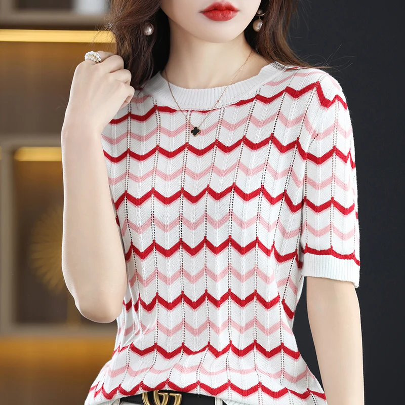 Summer New Knitwear Women's Round Neck Pullover 100% Cotton Loose Stripe Spliced Hollow Comfortable Style Knitted Half Sleeves
