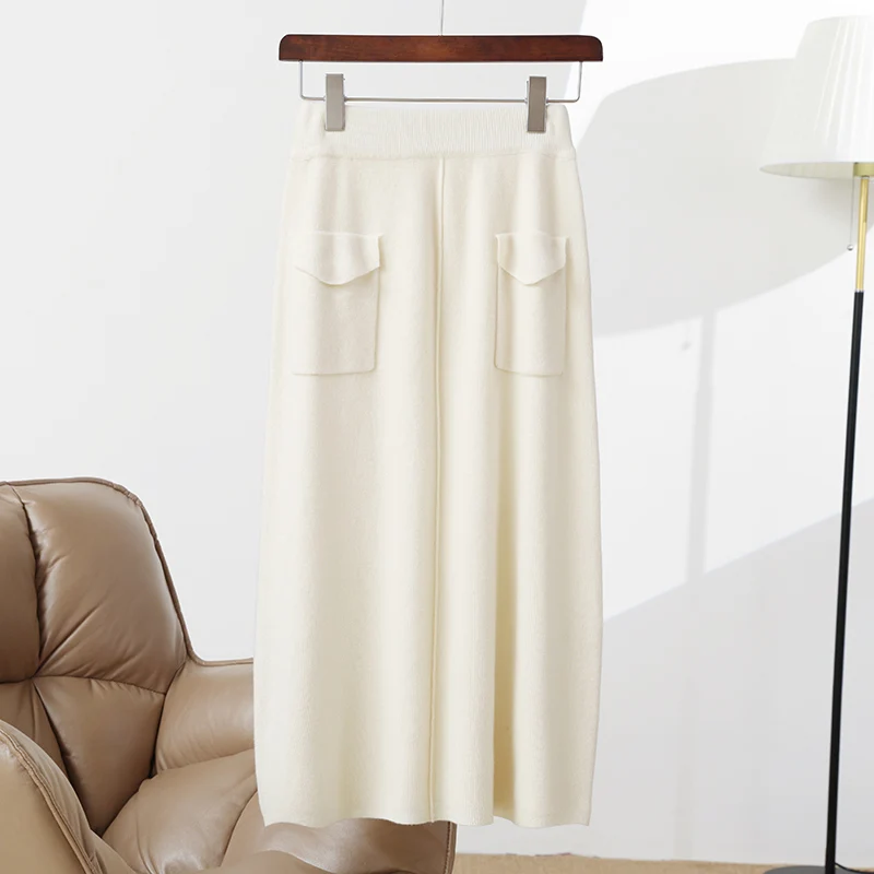 

New Chic Women 100% Merino Wool Skirt Office Lady Grace Style Pocket Autumn Winter Soft Warm Thick Soft Cashmere Long Skirt