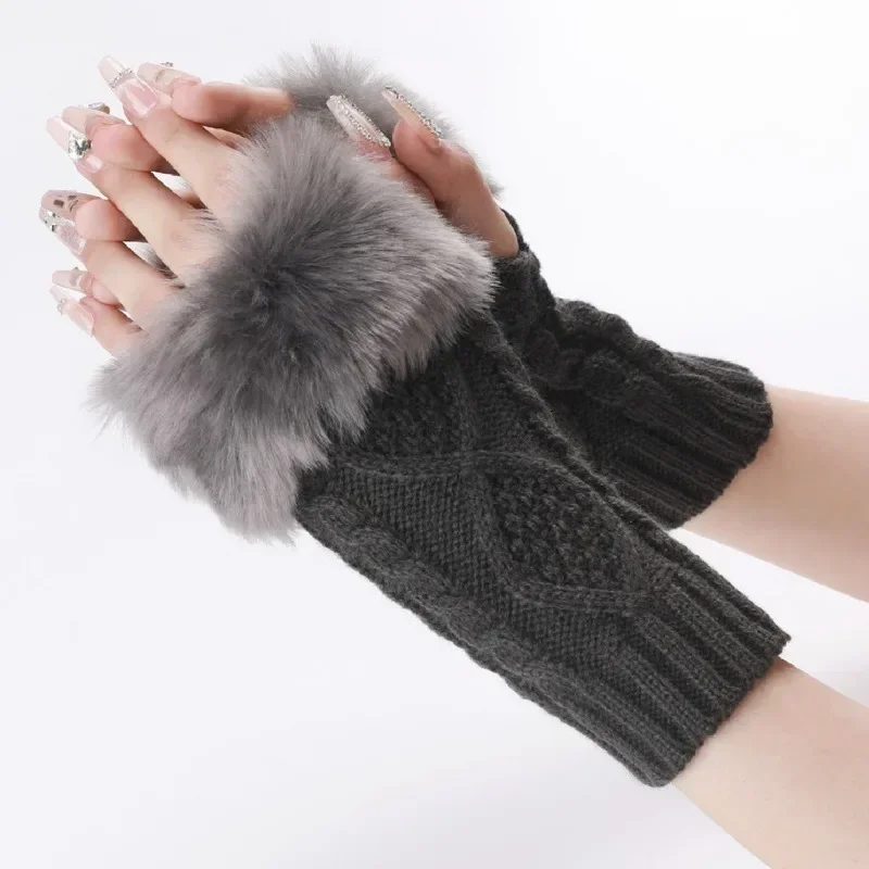 

2024 New Winter Women's Knitted Gloves Winter Long Furry Warm Fingerless Arm Sleeves Wrist Warmth Cover Solid Color Design Sense