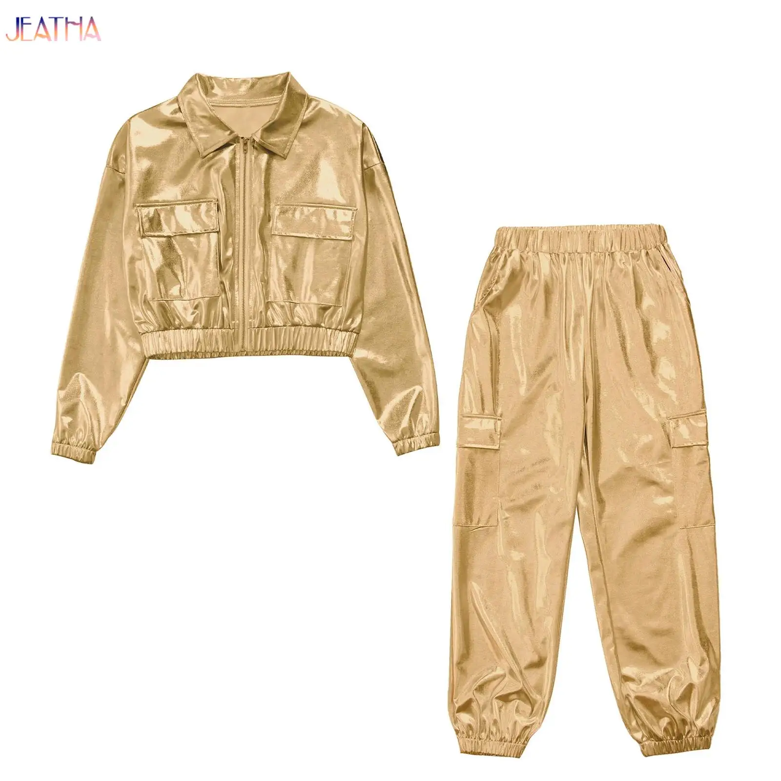 Kids Boys Girls Hip-Hop Dance Costume Fashion Streetwear Long Sleeve Turn-Down Collar Metallic Jacket Coat Outwear+Pants Sets